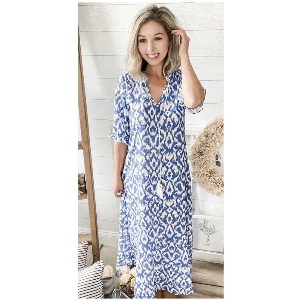 Saluda Rose Boutique Blue Geometric Tassel Maxi Dress Size Small Trendy Fashion